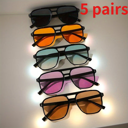 Pilot Square Sunglasses 5pcs Set Large PC Frame UV Protection Unisex Fashion Casual Eyewear for Men and Women Black Frame Multicolor Lenses