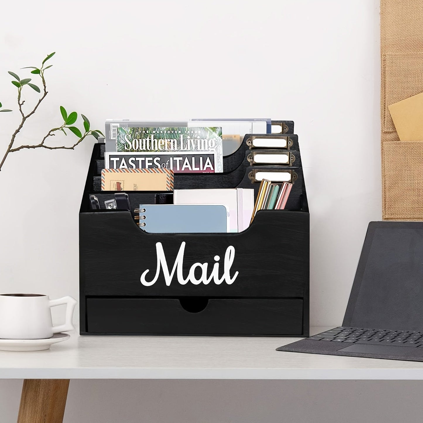 Large Solid Wood Desktop Mail Organizer with Drawer and 4 Compartments Labelable Dividers for Files Letters Paper Folders Desk Organizer for Home Office Students and Professionals