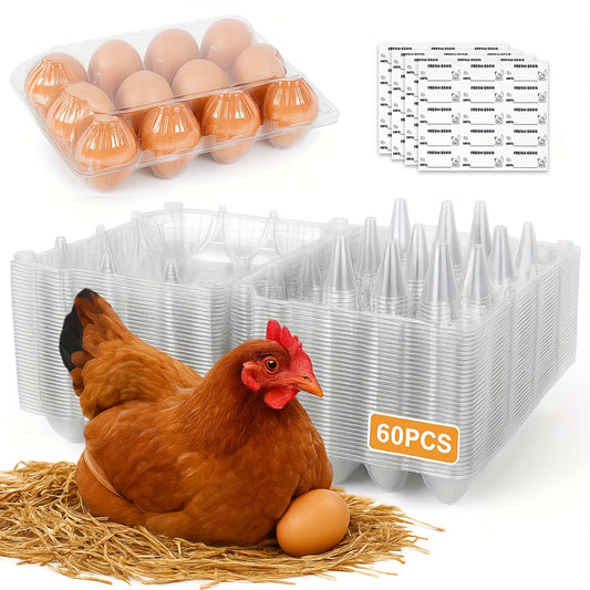 60-Pack Clear Plastic Egg Cartons 12-Cavity with Label Stickers – Bulk PET Egg Boxes for Home Kitchen, Ranch, Chicken Farm, Farmers Market & Refrigerator Storage, Holds Standard Dozen Eggs