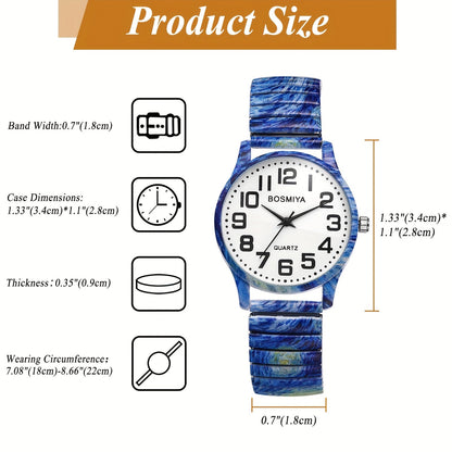 Bohemian Quartz Watch Unisex Printed Stretch Band Wristwatch – Starry Sky Sunflower Tree of Life Boho Designs, Large Arabic Numeral Dial, Nature-Inspired Gift for Women & Men Valentine Birthday