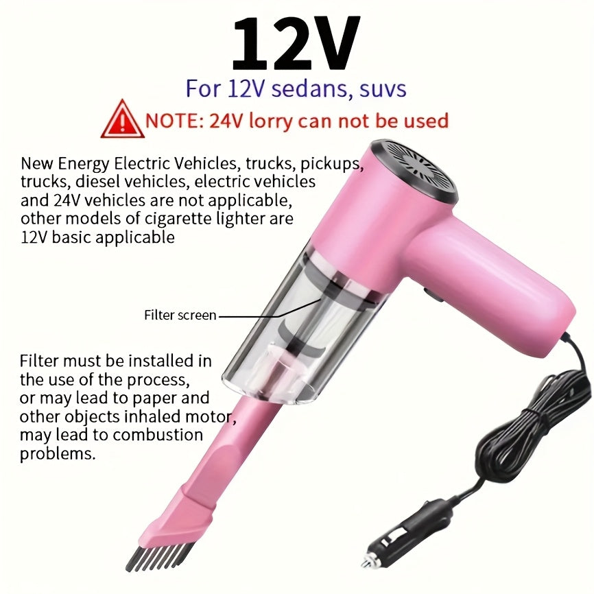 12V Handheld Car Vacuum Cleaner, Powerful Wired Portable Car Vacuum for Pet Hair & Dust Removal, Silent Motor, Accessories Kit Included, Compact Design for Car Interior Cleaning – Pink