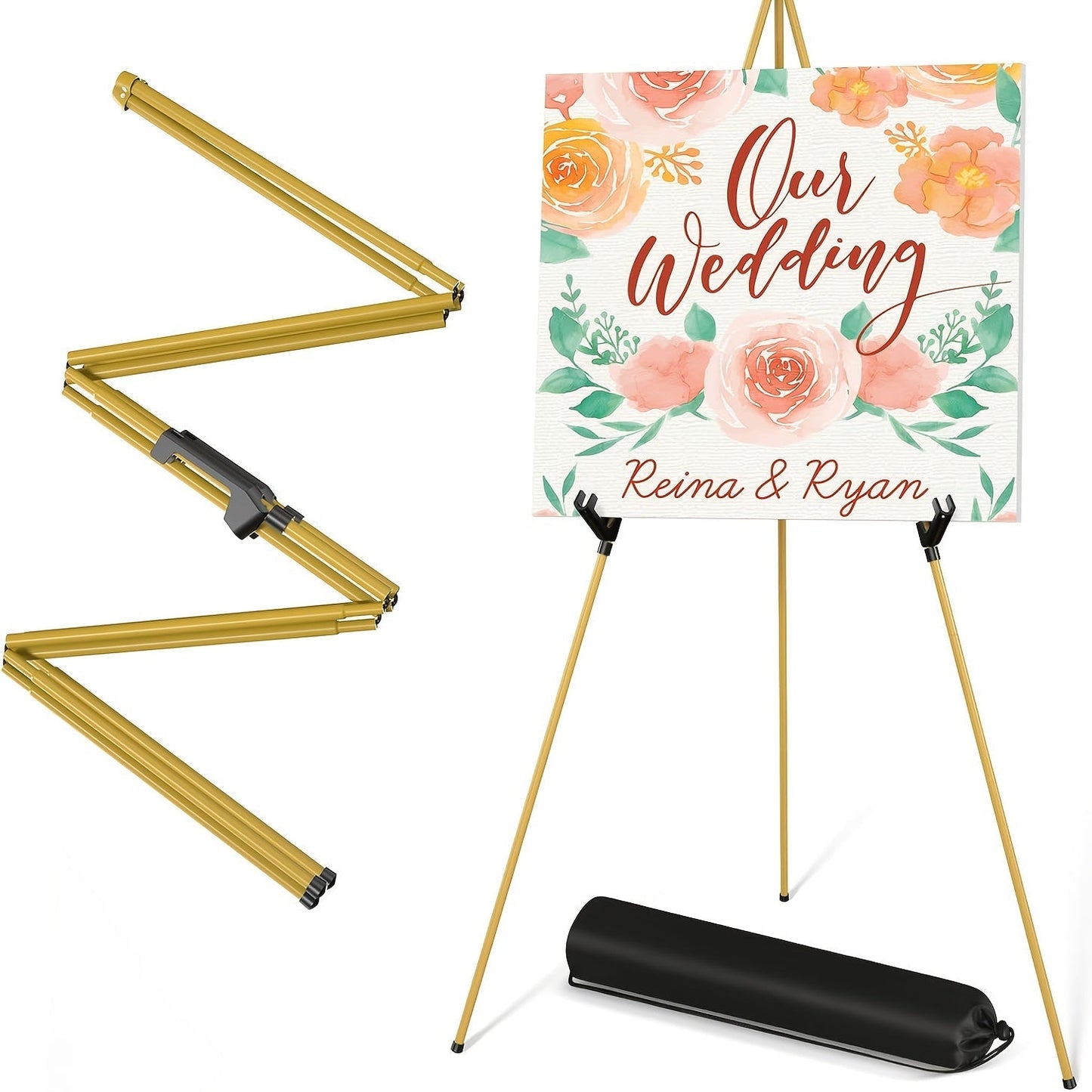 63 Inch Portable Floor Easel Stand Metal Tripod with Carry Bag Wedding Sign Poster Display Quick Assembly Black Gold 1 or 2 Pack