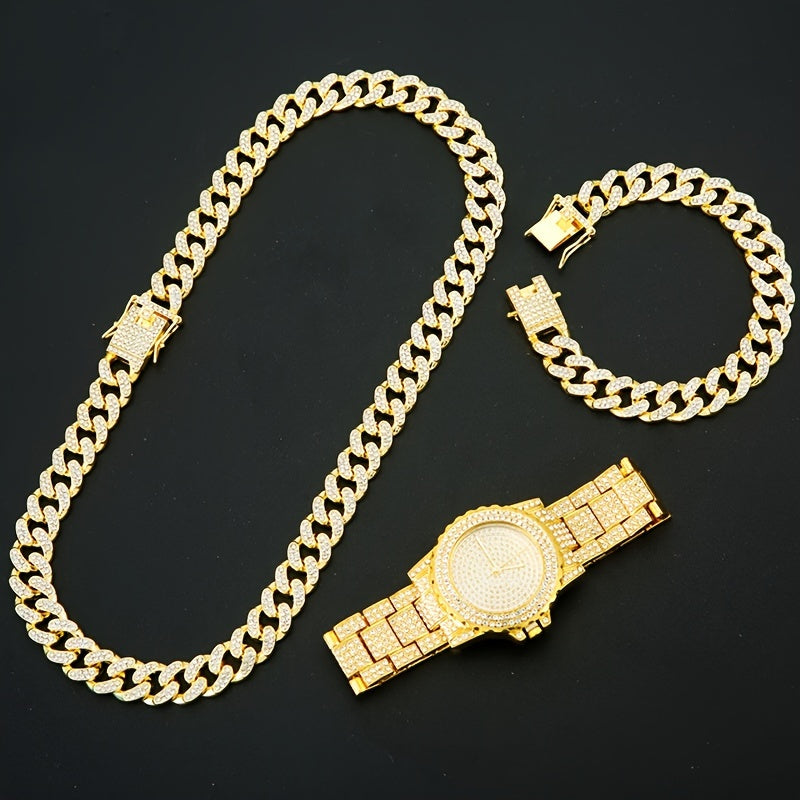 4-Piece Men's Punk Jewelry Set Quartz Watch Cuban Chain Necklace Bracelet and Cross Necklace with Rhinestone Details Hip Hop Style Gift for Men
