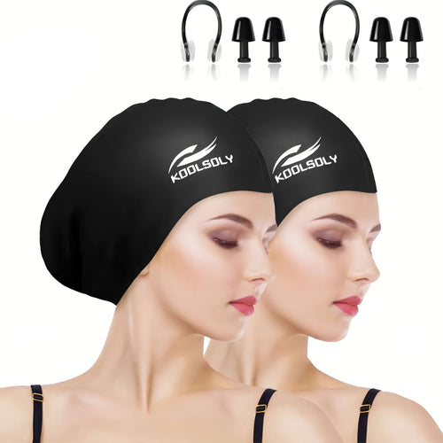 Silicone Swimming Cap 2 Pack with Ear Protection for Long Hair – Includes Earplugs & Nose Clip, Waterproof Swim Cap Set, 11 Color Options for Women Men Adults