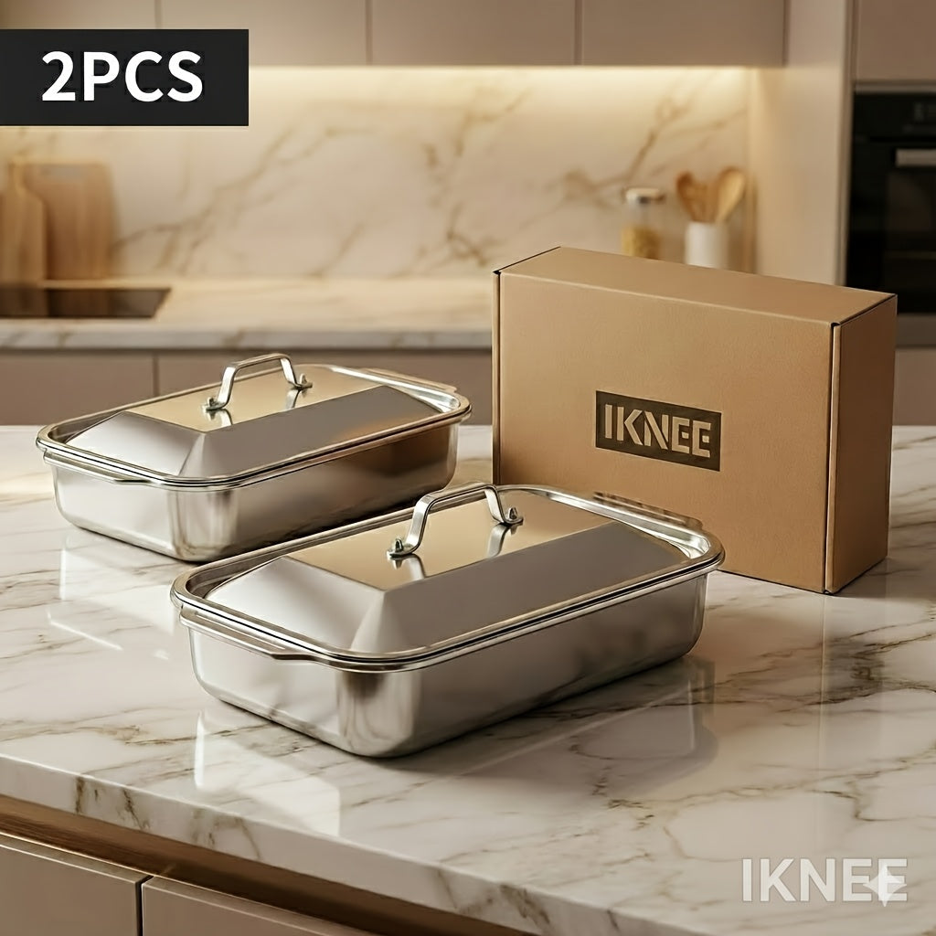 Stainless Steel Baking Pan Set 4-Piece – 2 Deep Roasting Pans & 2 Lidded Pans with Handles, 6-Liter 16.14-Inch Rectangular Baking Dish for Turkey, Lasagna, Fish & Chicken, Dishwasher Safe