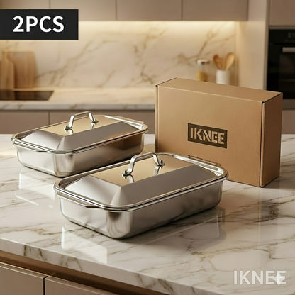 Stainless Steel Baking Pan Set 4-Piece – 2 Deep Roasting Pans & 2 Lidded Pans with Handles, 6-Liter 16.14-Inch Rectangular Baking Dish for Turkey, Lasagna, Fish & Chicken, Dishwasher Safe