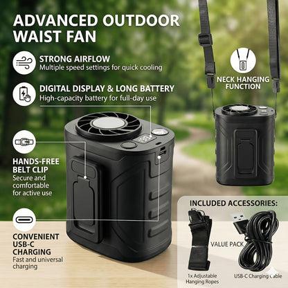 Portable Neck & Waist Fan 18000RPM Brushless Motor – 199-Speed Adjustment, 5000mAh Battery, LED Power Display, Hands-Free Wearable Cooling Fan for Outdoor Work, Camping, Fishing, Hiking & Travel