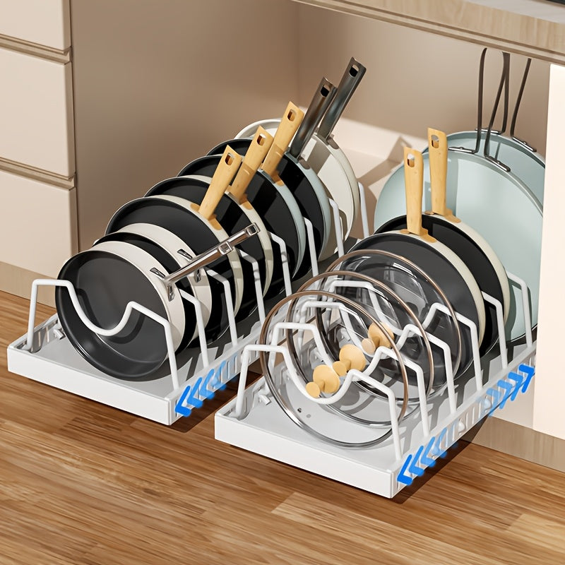 Pull-Out Pot & Pan Cabinet Organizer with Sliding Lid Rack – 8/16 Adjustable Dividers, Drill-Free Install, Kitchen Sliding Storage Box for Lids, Baking Tools & Plates – 1pc or 2pcs, Black & White