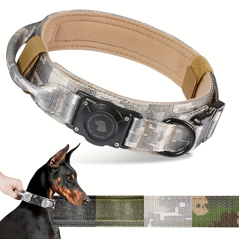 Tactical Dog Collar with AirTag Holder & Handle – Heavy Duty PC Nylon, Adjustable M/L/XL for Medium Large Dogs, Military Style Training Collar with Control Handle