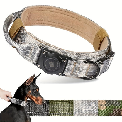 Tactical Dog Collar with AirTag Holder & Handle – Heavy Duty PC Nylon, Adjustable M/L/XL for Medium Large Dogs, Military Style Training Collar with Control Handle