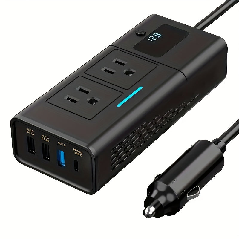 200W Car Power Inverter 12V to 110V AC Outlet – DC to AC Converter with USB-C, QC3.0 Fast Charge & Dual USB Ports, Car Plug Adapter for Laptop Phone Camping Road Trip (No Battery Required)