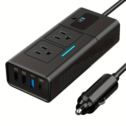 200W Car Power Inverter 12V to 110V AC Outlet – DC to AC Converter with USB-C, QC3.0 Fast Charge & Dual USB Ports, Car Plug Adapter for Laptop Phone Camping Road Trip (No Battery Required)