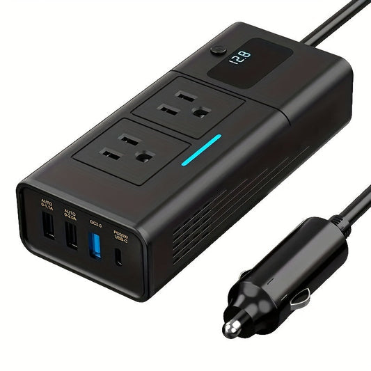 200W Car Power Inverter 12V to 110V AC Outlet – DC to AC Converter with USB-C, QC3.0 Fast Charge & Dual USB Ports, Car Plug Adapter for Laptop Phone Camping Road Trip (No Battery Required)