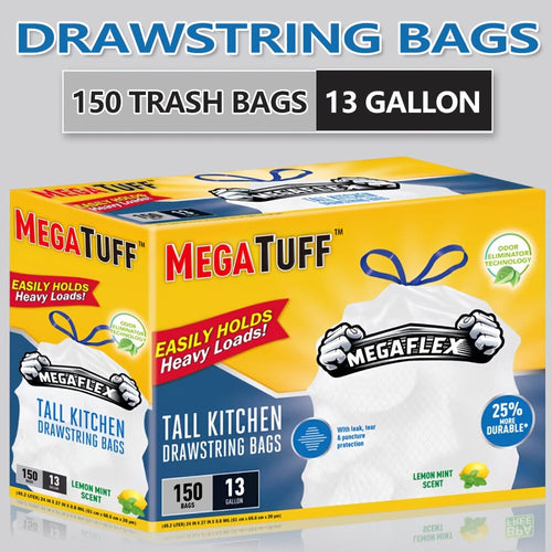 13 Gallon Drawstring Kitchen Trash Bags with Odor Eliminator – Puncture & Tear Resistant Disposable Garbage Bags, Lemon Mint Fresh Scent, Available in 78-Count & 150-Count Boxes