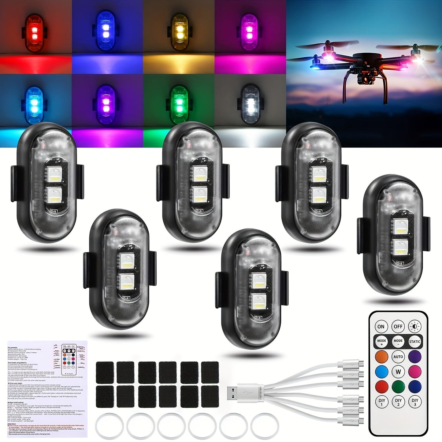 Wireless LED Lights for Vehicles 6 or 8pcs – Remote Control, 8 Color Modes, USB Rechargeable, for Car Interior, Truck, Motorcycle, Drone, Bicycle & Plane