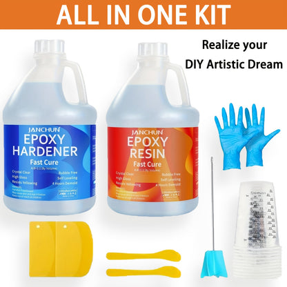 JANCHUN Super Clear Epoxy Resin Kit 1:1 Fast Cure – No Bubble High Gloss Self-Leveling Formula for River Tables, Countertops, Jewelry & Resin Art, Non-Toxic VOC-Free, 5.5oz to 1 Gallon