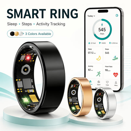 Smart Ring for Women & Men – IP68 Waterproof Fitness Tracker with Sleep Monitoring, Heart Rate, HRV, Body Temperature, Stress & Pedometer, Health Ring for iPhone & Android, Sizes 7-13, Black Rose Gold Silver