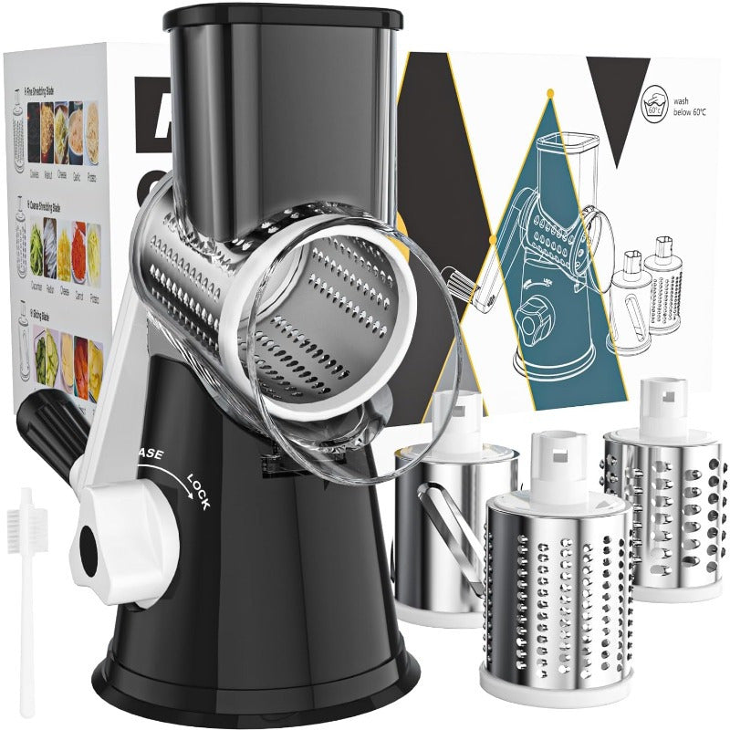 Rotary Cheese Grater Hand Crank Shredder with 3 Interchangeable Blades - Non-Slip Suction Base, Free Cleaning Brush, for Fresh Cheese, Vegetables & Nuts, Kitchen Tool Gift