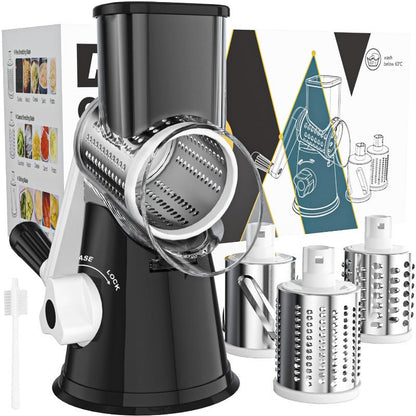 Rotary Cheese Grater Hand Crank Shredder with 3 Interchangeable Blades - Non-Slip Suction Base, Free Cleaning Brush, for Fresh Cheese, Vegetables & Nuts, Kitchen Tool Gift