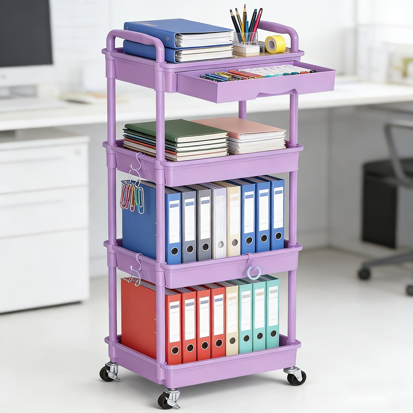 Rolling Storage Cart 3-Tier & 4-Tier with Drawer & Lockable Wheels Multifunctional Plastic Shelf Organizer for Kitchen Bathroom Living Room Office – 7 Colors