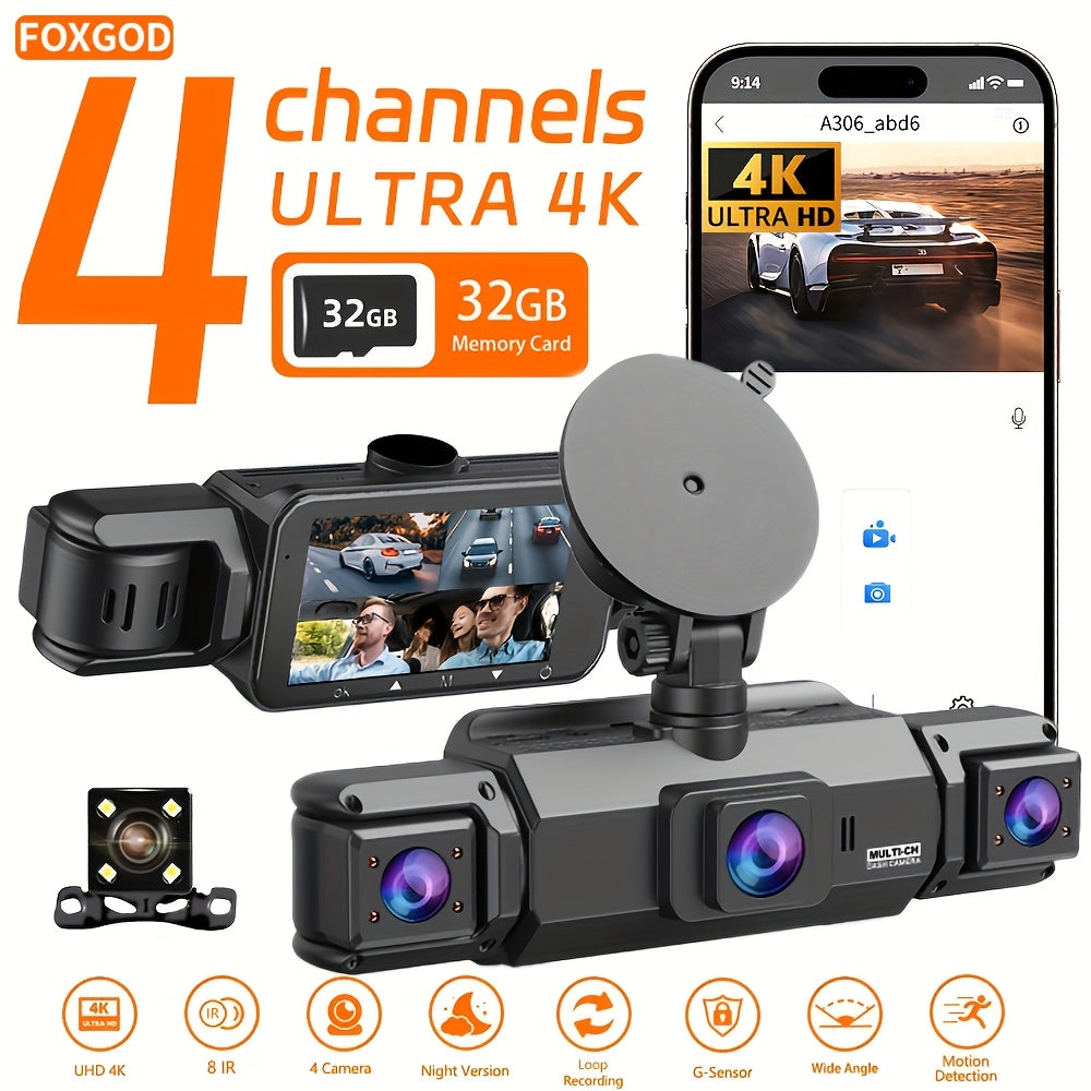 4K Dash Cam 360° Rotary 4-Channel Car DVR – Free 32GB SD Card, Night Vision, 24H Loop Recording, Parking Monitor, Front 4K + Rear Left Right 1080P, for Cars SUVs Trucks Rideshare