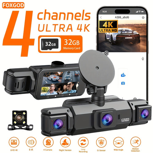 4K Dash Cam 360° Rotary 4-Channel Car DVR – Free 32GB SD Card, Night Vision, 24H Loop Recording, Parking Monitor, Front 4K + Rear Left Right 1080P, for Cars SUVs Trucks Rideshare