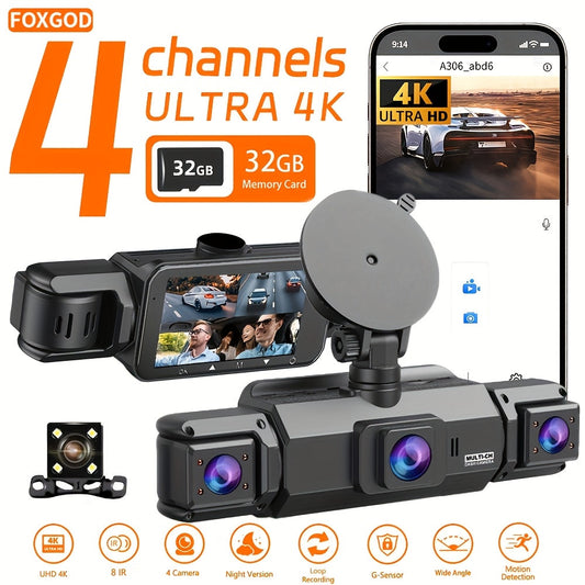 4K Dash Cam 360° Rotary 4-Channel Car DVR – Free 32GB SD Card, Night Vision, 24H Loop Recording, Parking Monitor, Front 4K + Rear Left Right 1080P, for Cars SUVs Trucks Rideshare