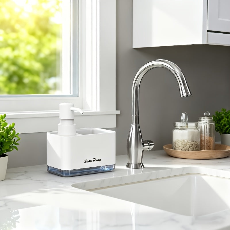 2-in-1 Soap Dispenser with Built-In Sponge Holder for Kitchen Sink – Countertop Pump Dispenser for Hand & Dish Soap, Detergent Dispenser, Easy Refill, Ideal Kitchen Organizer