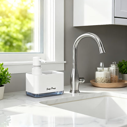 2-in-1 Soap Dispenser with Built-In Sponge Holder for Kitchen Sink – Countertop Pump Dispenser for Hand & Dish Soap, Detergent Dispenser, Easy Refill, Ideal Kitchen Organizer