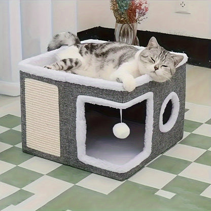 Foldable Multi-Layer Cat House with 2-Tier Bed Toy Tunnel Scratching Post Plush Hanging Ball and Cozy Mat Indoor Cat Cube Enclosure Nylon Frame Canvas All-Season Cat Furniture