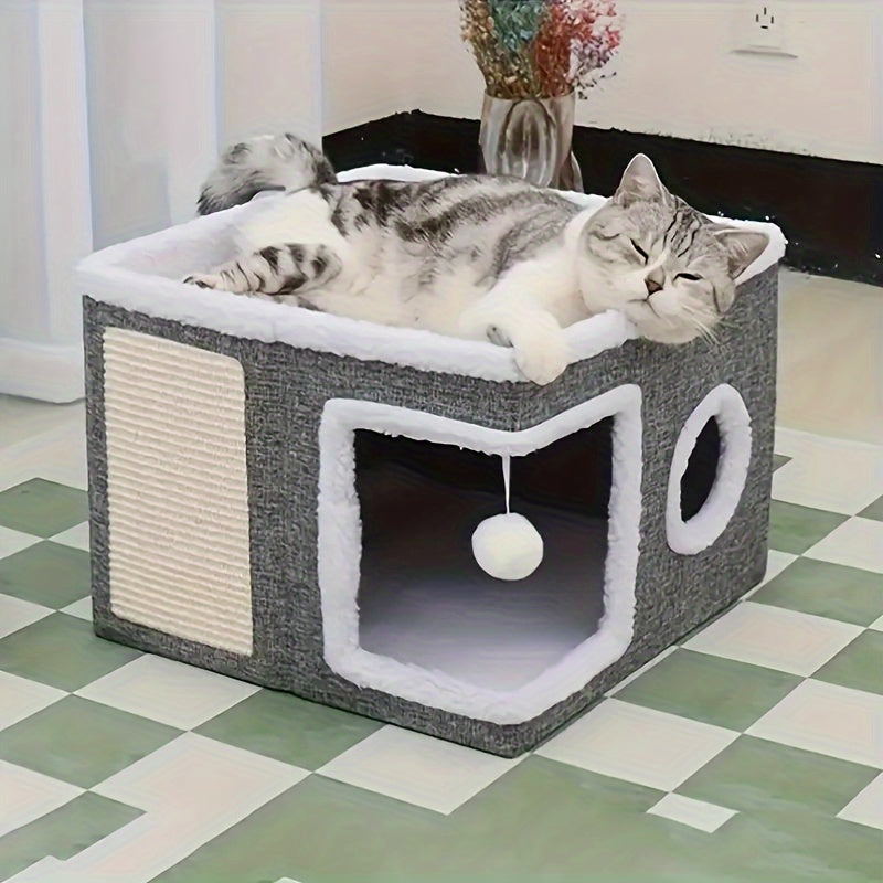 Foldable 2-Tier Cat House with Scratching Post, Plush Hanging Ball & Tunnel – Indoor Cat Cube Bed, Nylon Frame Canvas Construction, Space-Saving 16.5x16.5x13 Inch Design for Small Spaces