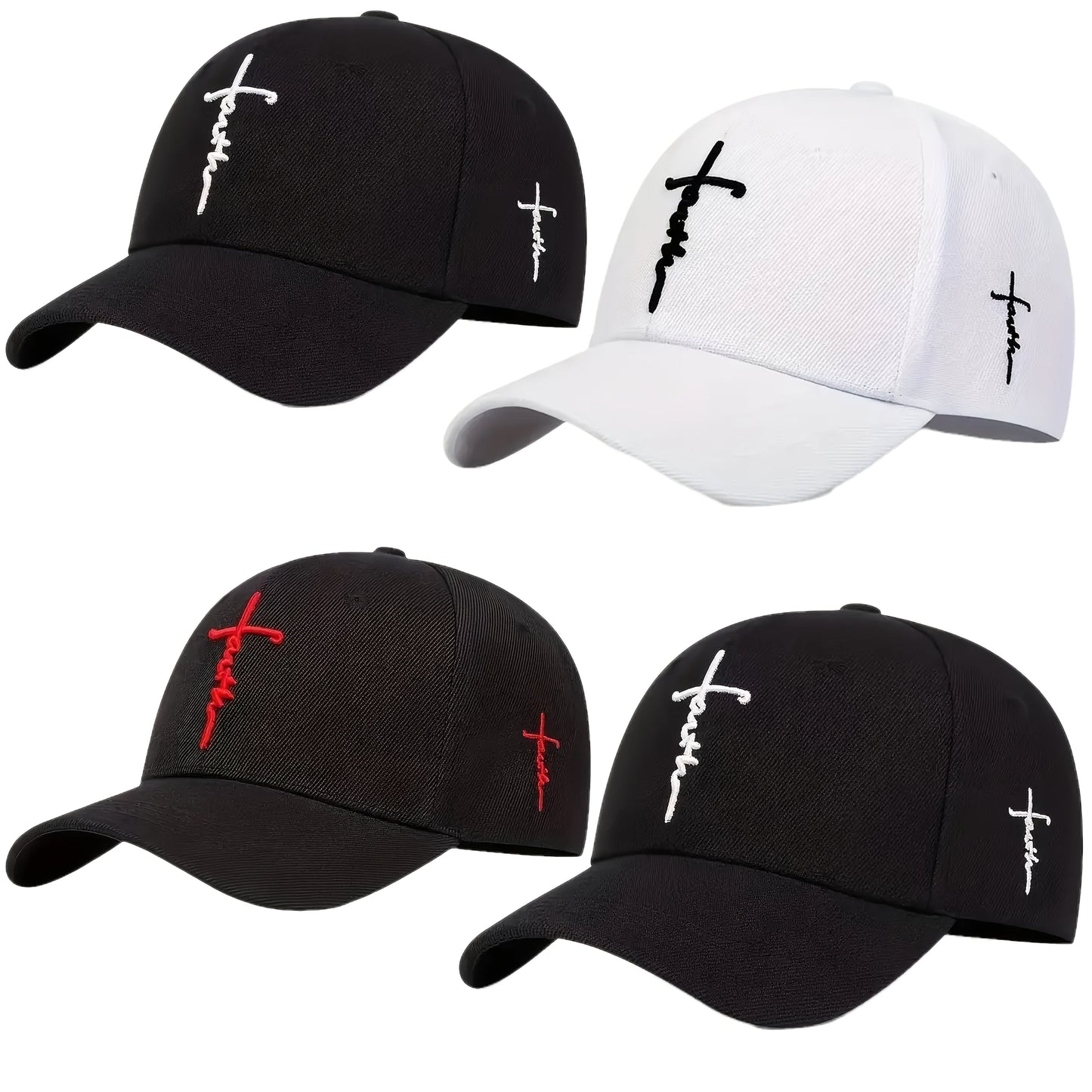 4pcs Faith-Themed Cross-Stitch Baseball Caps for Men & Women – Adjustable Lightweight Polyester Solid Color Casual Sports Sun Hat for Outdoor Travel Beach, Christmas Father's Day Gift