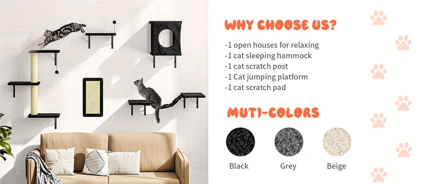 Cat Wall Shelves 5-Piece Set - Wall-Mounted Floating Cat Perch, Climber & Bridge, Modern Cat Furniture for Indoor Cats, Cat Tree Alternative with Cat Bed Platform, Space-Saving Cat House