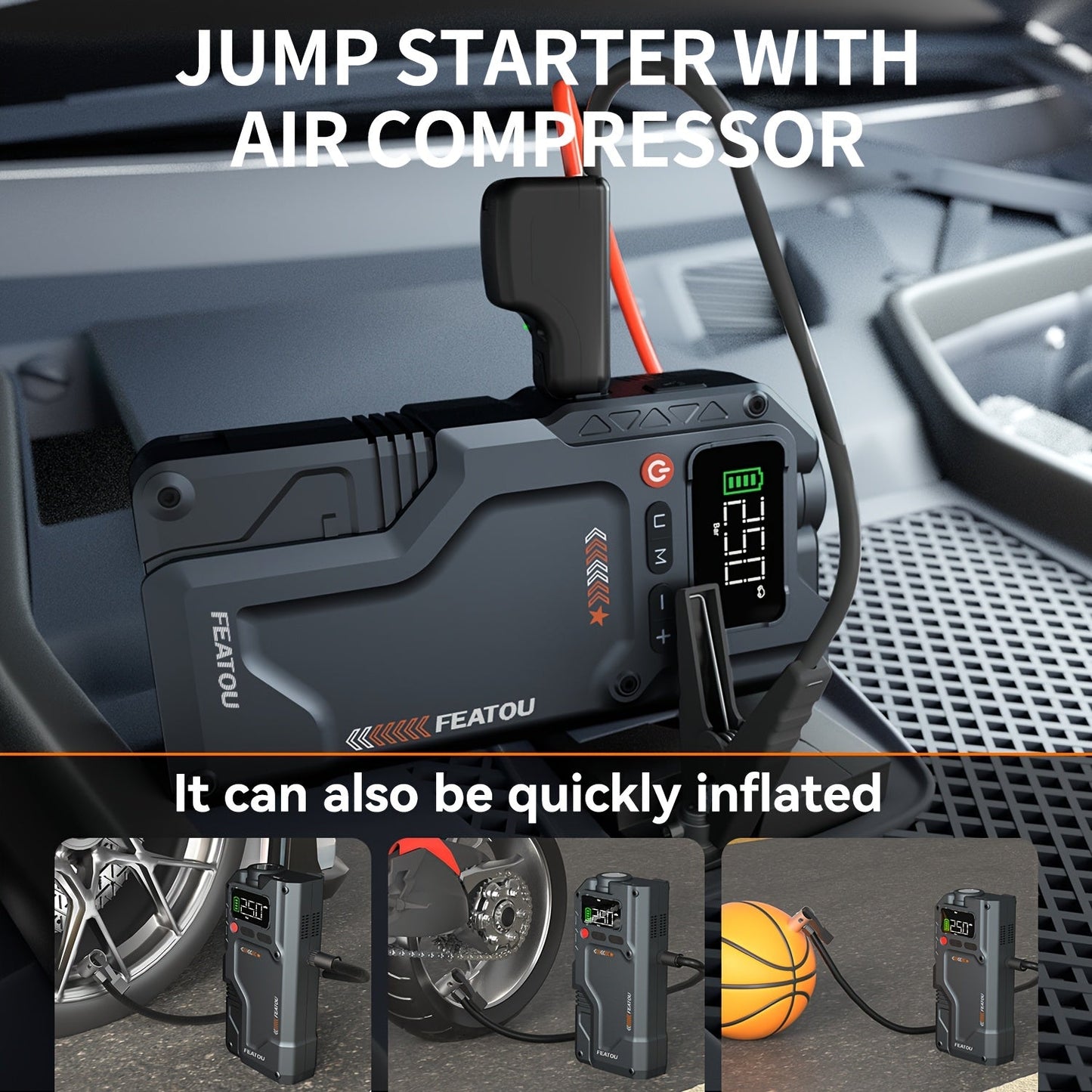 6000A/9000A Portable Jump Starter with 150 PSI Air Compressor – 7-in-1 Jump Box with Digital Tire Inflator & Battery Pack for Gas (10L) & Diesel (9.0L) Engines, Car Jumper Starter with USB Ports