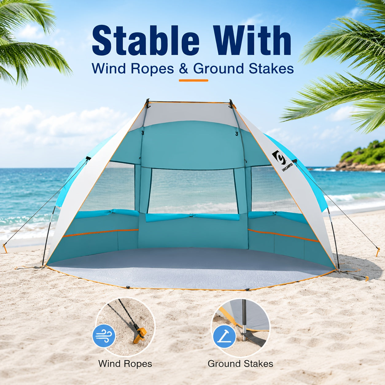 Beach Tent 3 Person UPF 50+ Sun Shelter Portable Waterproof Camping Shade with Extended PE Floor & 3 Mesh Roll-Up Windows – Easy Setup for Beach, Camping, Fishing & Yard (Green, Blue, Orange)