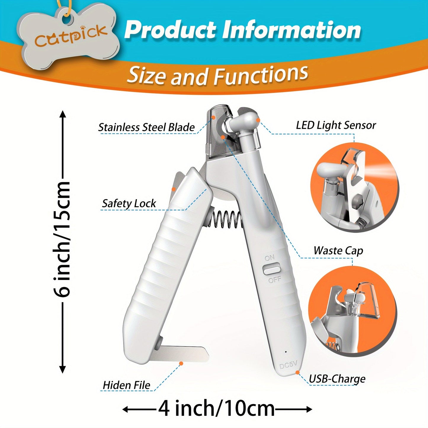 LED Light Dog Nail Clippers USB Rechargeable – Quick Sensor Blood Line Positioning, Hidden Nail File, Safety Lock, Stainless Steel Blades, Pet Nail Trimmer for Dogs & Cats