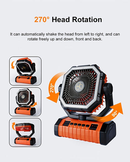 20000mAh Portable Camping Fan with LED Light – USB Rechargeable Outdoor Tent Fan for Hiking, Fishing & Camping – Durable Compact Design with Handle, Green & Orange