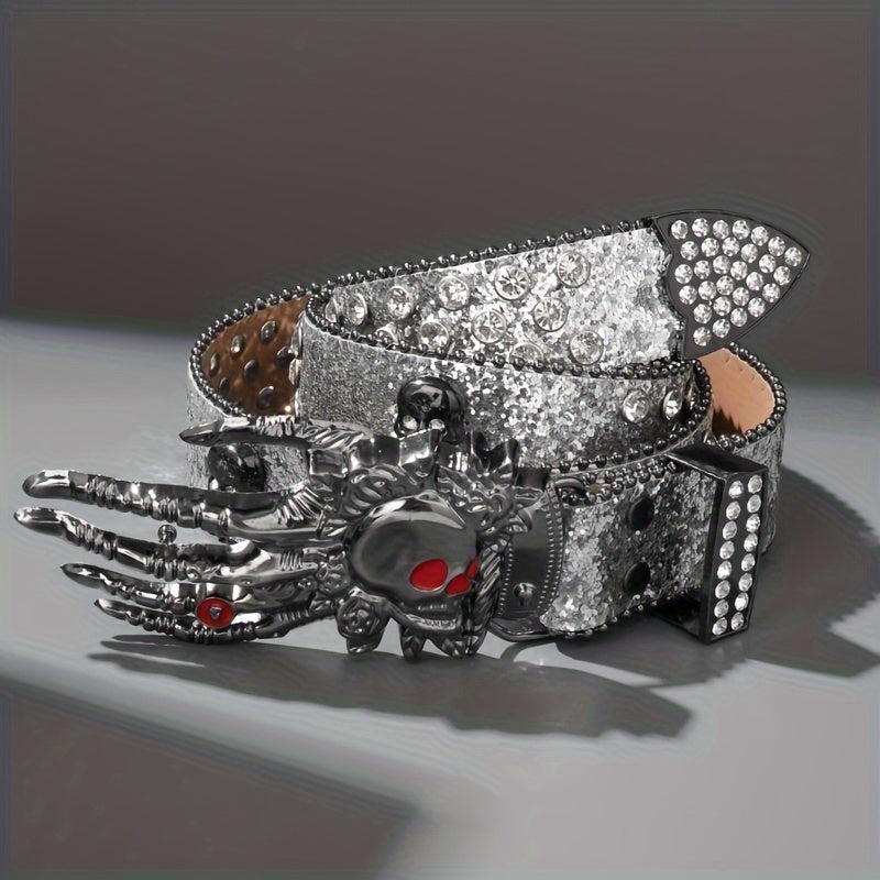 Unisex Punk Skull Belt – Rhinestone-Embellished Faux Leather with Zinc Alloy Skull Buckle, Bold Statement Fashion Accessory for Halloween, Parties & Daily Wear, 5 Colors Available
