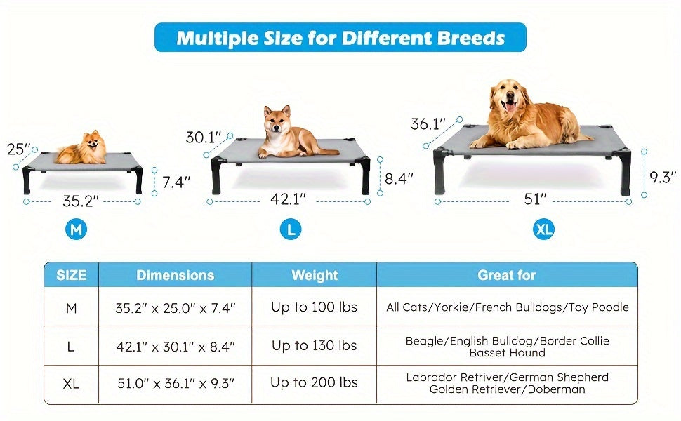 Cooling Elevated Dog Bed Raised Cot with Breathable Mesh & Metal Frame – Washable Portable No-Slip Dog Cot for Indoor & Outdoor Use, Available in 4 Sizes & 7 Colors for All Breeds