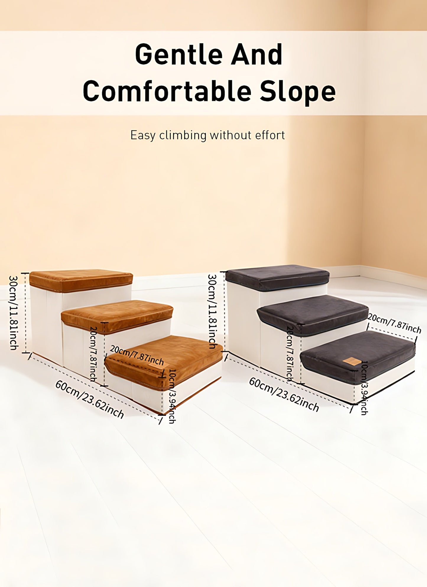 3-Tier Foldable Dog Stairs for Small Dogs – Non-Slip Nylon Pet Ramp for High Beds & Sofas, Compact Foldable Design, Brown & White, Includes Bonus Chicken Leg Plush Toy