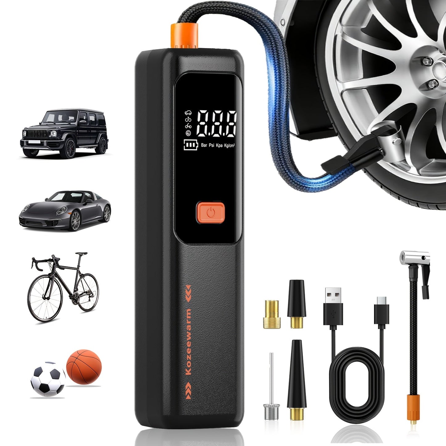 Cordless Tire Inflator Portable Air Compressor with Digital Pressure Gauge, USB Rechargeable, 3X Fast Inflation for Car, SUV, Truck, Bike, Motorcycle, Ball & Sports Equipment – Compact Auto Air Pump