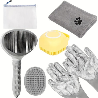 Dog Grooming Kit 6 Piece – Brush, Silicone Washing Gloves, Microfiber Towel & Shedding Tool, No Power Required, Essential Pet Care Set for Shiny Coat, Gift for Dog Owners