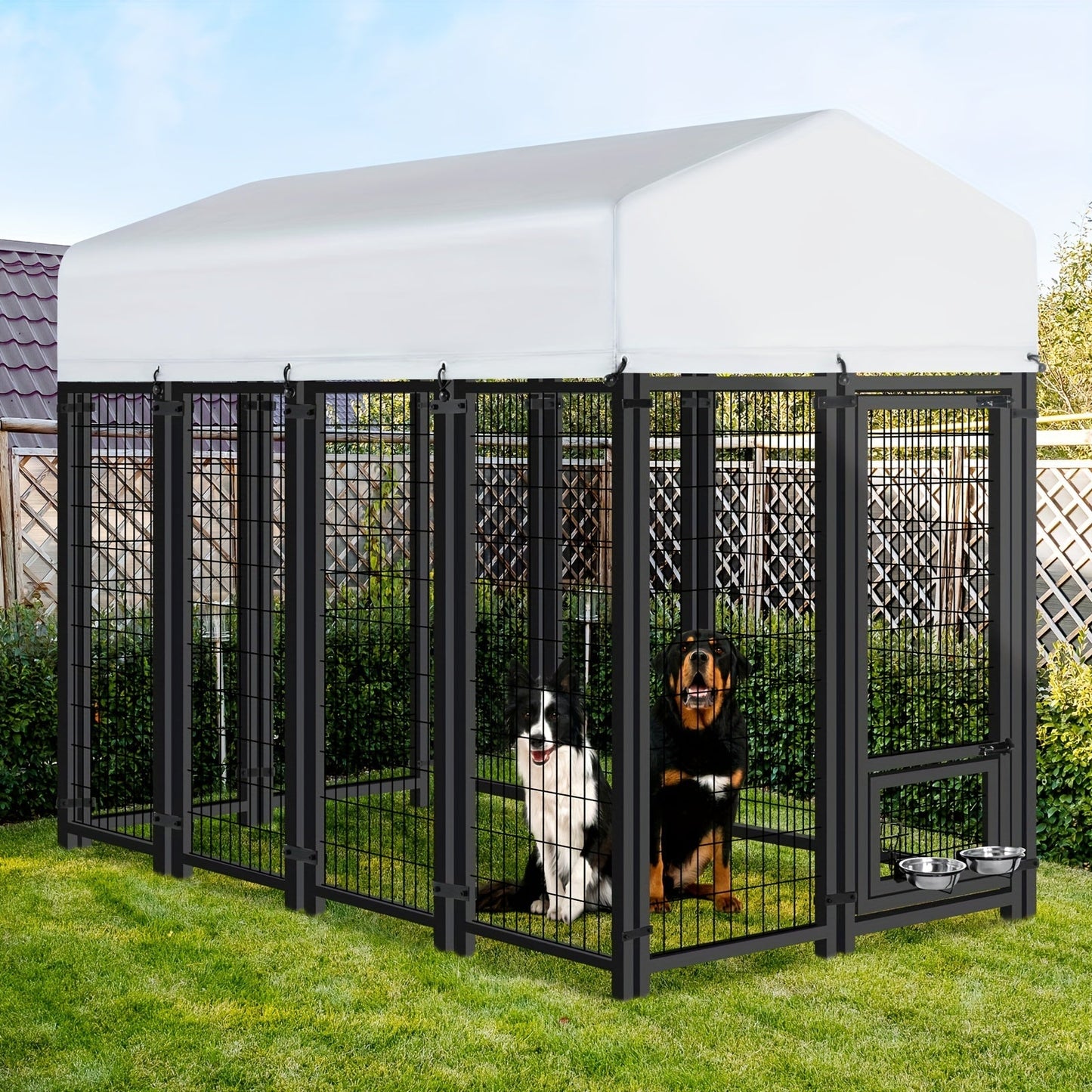 Large Dog Enclosure Outdoor Heavy Duty Welded Wire Steel Dog Playpen with UV-Resistant Roof Cover, Secure Lock Pet Pen Fence for Big Dogs Outside Exercise Play Area