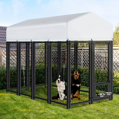 Large Dog Enclosure Outdoor Heavy Duty Welded Wire Steel Dog Playpen with UV-Resistant Roof Cover, Secure Lock Pet Pen Fence for Big Dogs Outside Exercise Play Area
