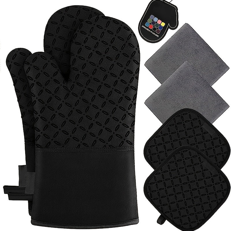 Oven Mitts and Pot Holders Set 6 Piece Heat Resistant Non-Slip Silicone Kitchen Gloves for Baking BBQ Cooking – Includes 1 Pair Mitts & 4 Pot Holders