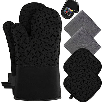 Oven Mitts and Pot Holders Set 6 Piece Heat Resistant Non-Slip Silicone Kitchen Gloves for Baking BBQ Cooking – Includes 1 Pair Mitts & 4 Pot Holders