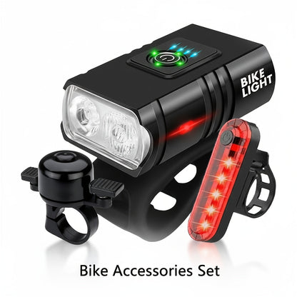 Super Bright USB Rechargeable Bike Light Set – LED Front Headlight 1200mAh & Rear Taillight 330mAh, 6+4 Modes, 180° Wide Beam, Safety Bell Included, for Mountain Road & Night Cycling