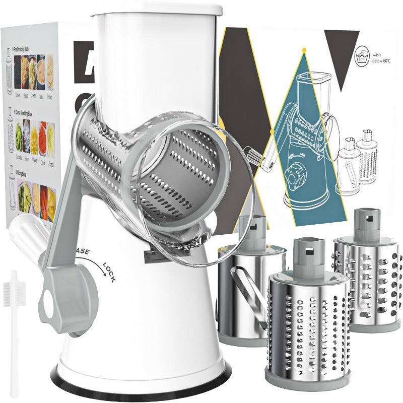 Rotary Cheese Grater Hand Crank Shredder with 3 Interchangeable Blades - Non-Slip Suction Base, Free Cleaning Brush, for Fresh Cheese, Vegetables & Nuts, Kitchen Tool Gift
