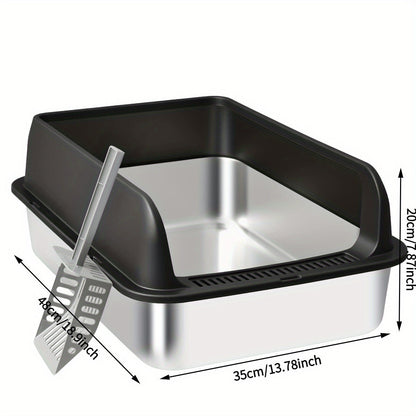 Stainless Steel Cat Litter Box High Sides Anti-Leakage Metal Litter Pan with Scoop Sifting Tray Rust-Proof Odor-Resistant Non-Stick Easy Clean Indoor Cat Toilet Medium Large Cats
