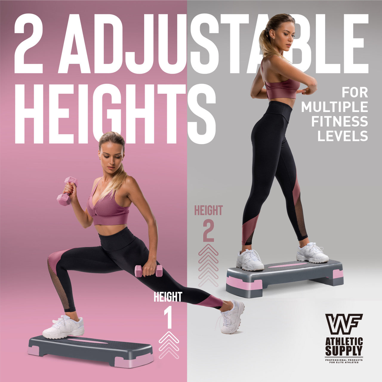 Adjustable Height Aerobic Stepper Set with 2 Dumbbells & Measuring Tape – Non-Slip Exercise Step Platform, 4"-6" Level Risers, 550 LB Capacity, Home Gym Workout – Pink Grey, Blue & Green